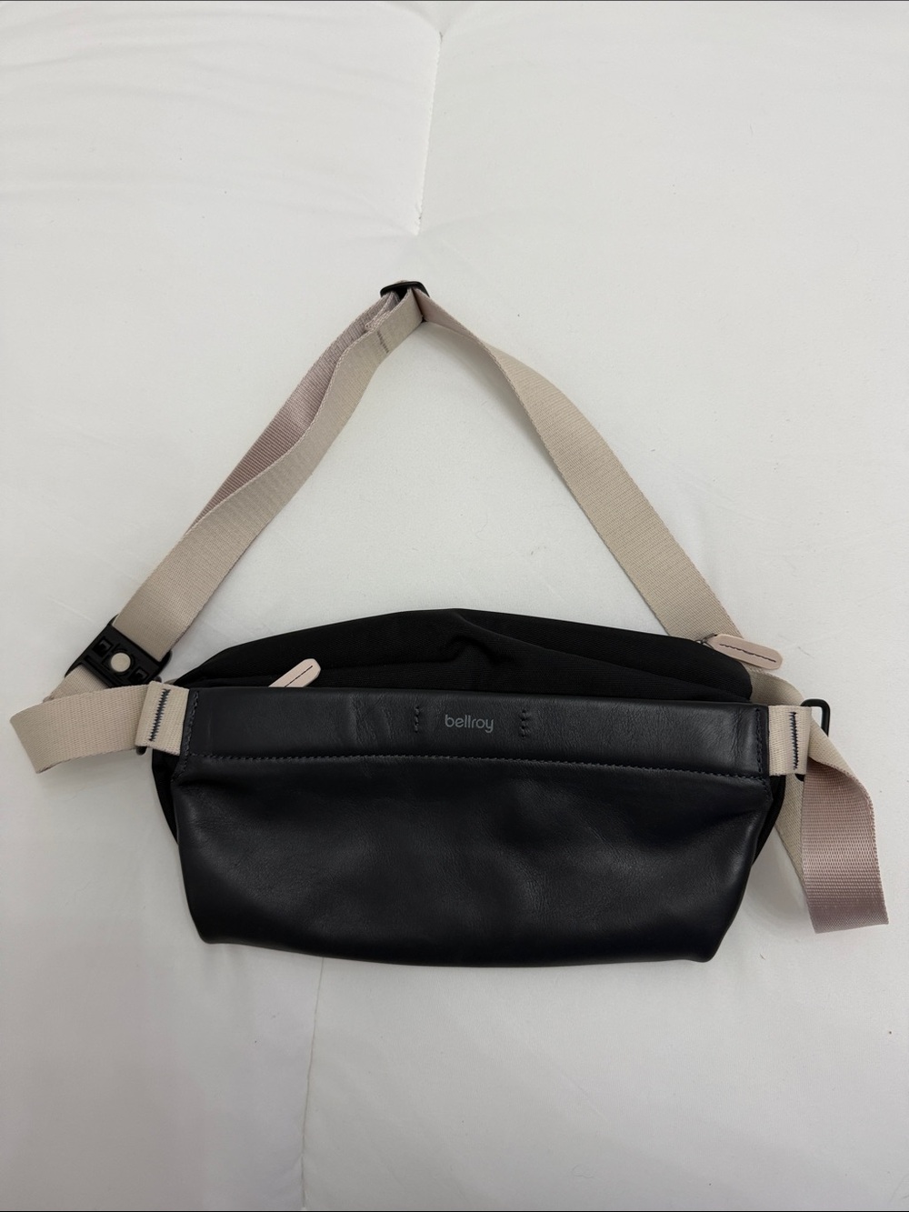 Bellroy Black Leather Belt Bag with Beige Strap